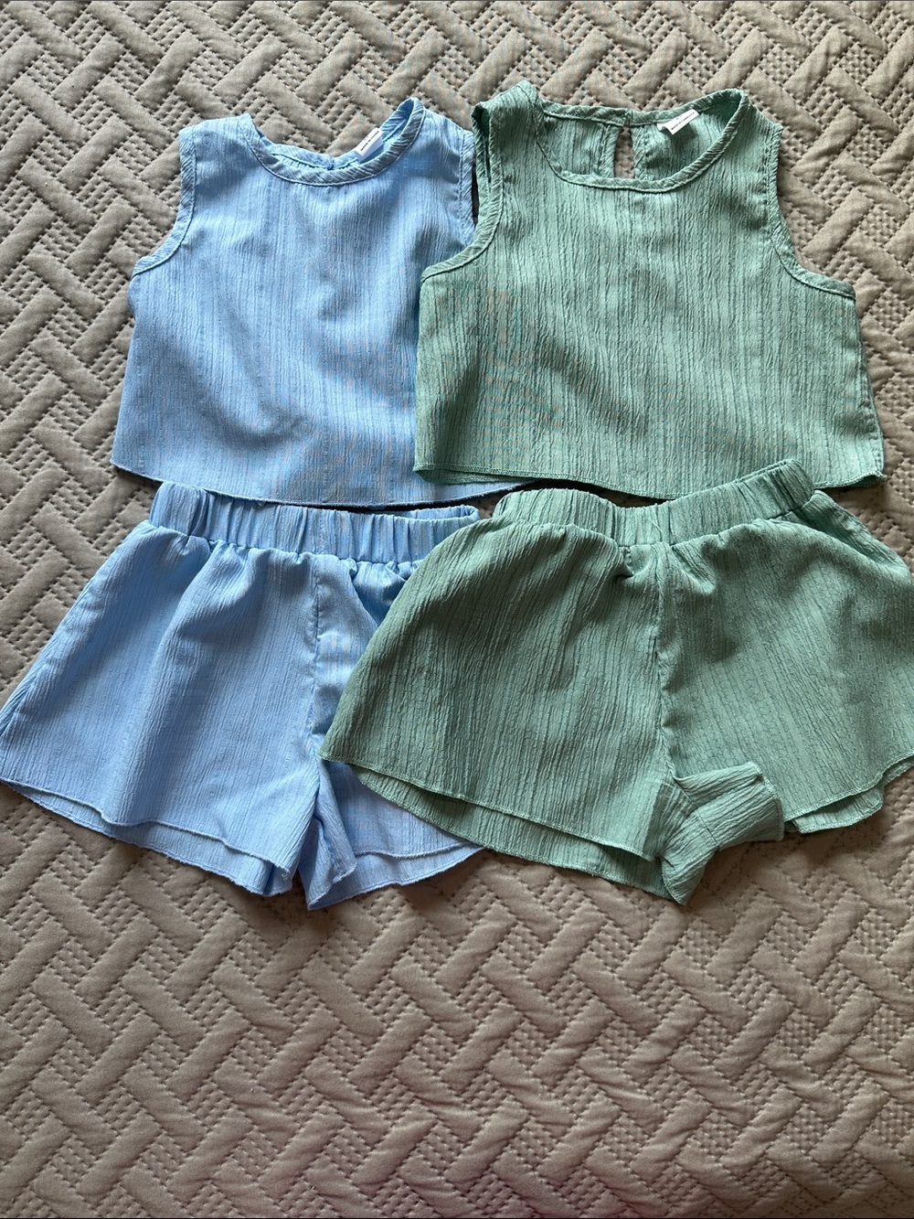 Light Blue and Light Green Two-Piece Tank Top & Shorts Set